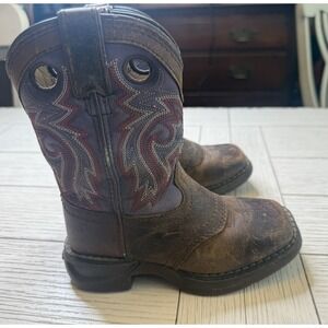 Lil Durango Kid's 8" Western Saddle Tan /Purple Cowboy Boot Leather Youth Sz 9 M